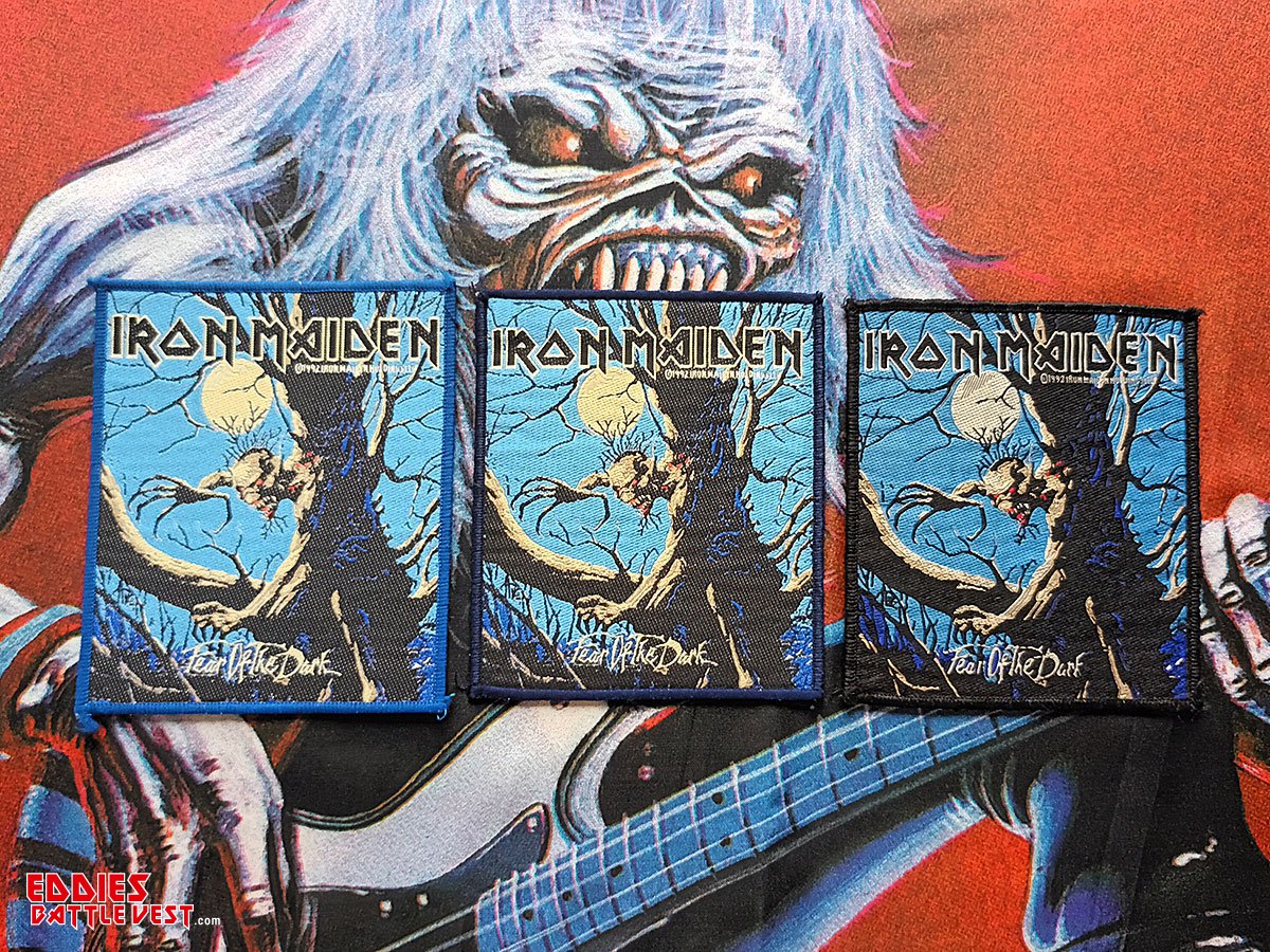 Iron Maiden "Fear Of The Dark" Black Border Woven Patch 1992 Comparison