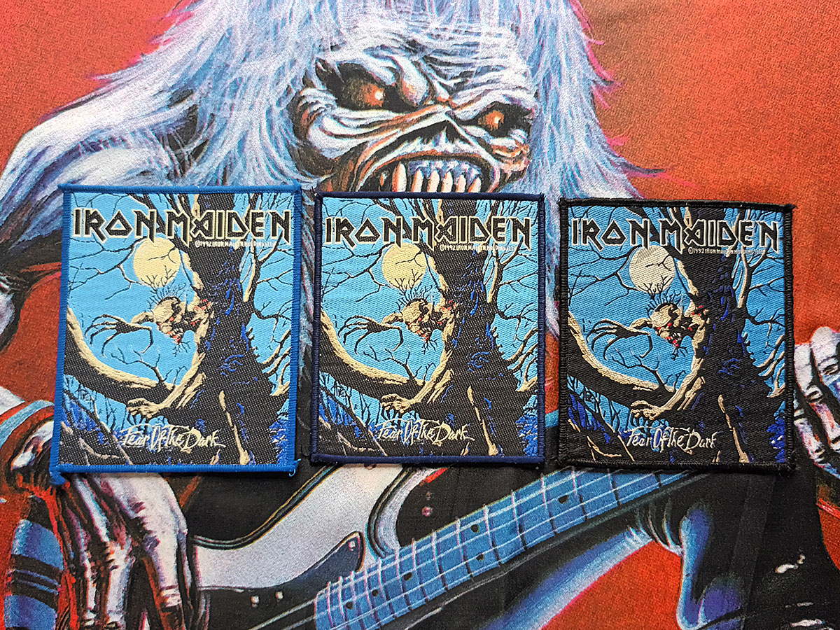 Iron Maiden "Fear Of The Dark" Black Border Woven Patch 1992 Comparison