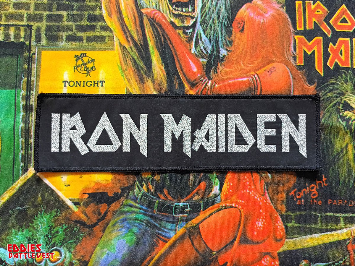 Iron Maiden "Silver Logo" Black Border Woven Stripe Patch